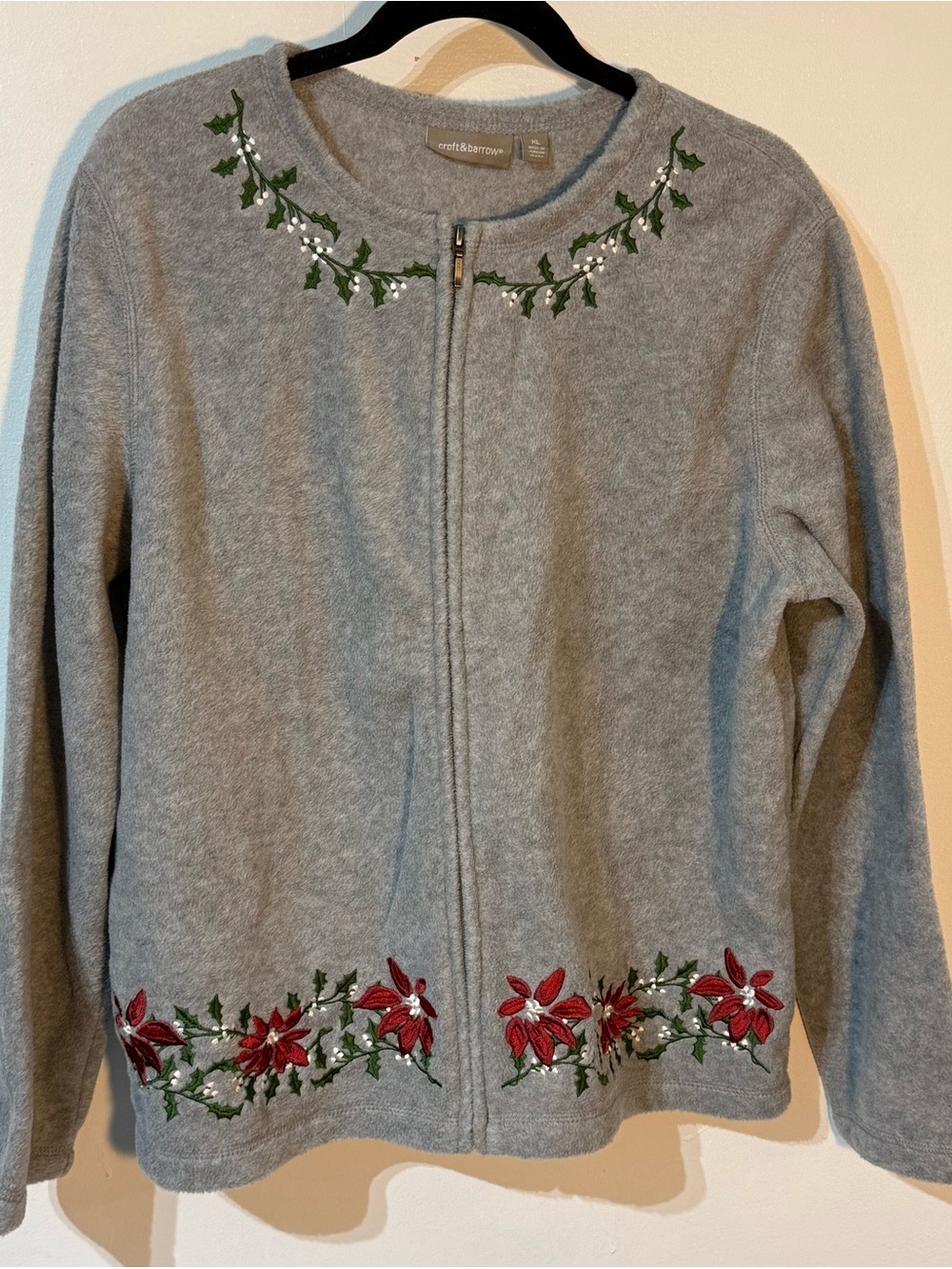 croft & barrow Gray full Zip fleece Sweater Cardigan w/ Red Floral Embroidery XL
